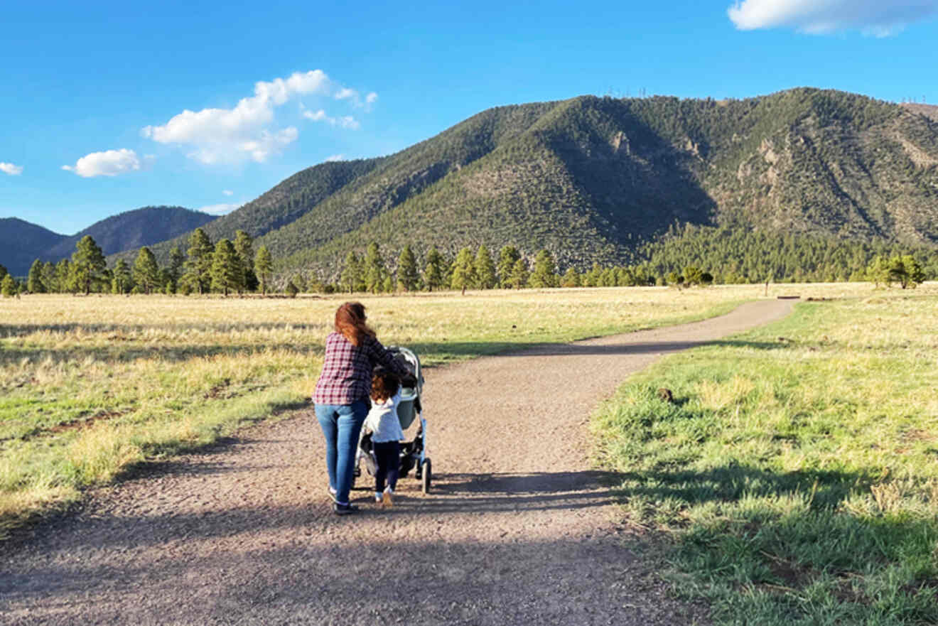 Person walking on a gravel path in a grassy field, pushing a stroller. Mountains and trees are visible in the background under a blue sky with a few clouds.