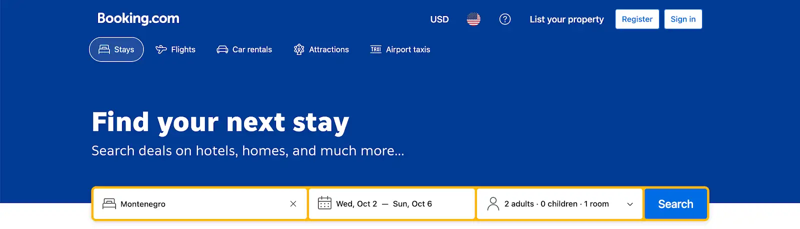 Booking.com search page showing options for destination, dates, guest numbers, and a search button.