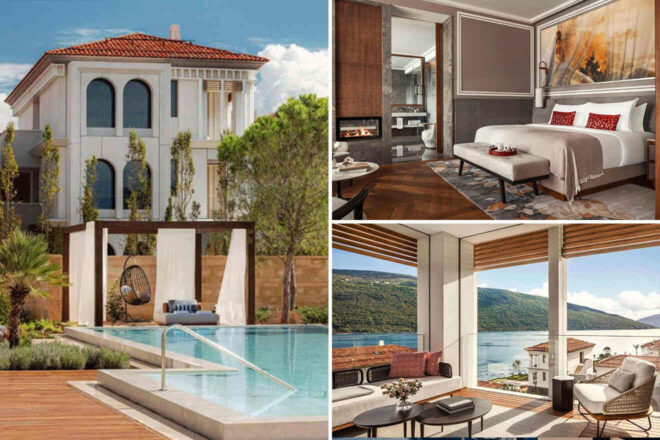 Luxurious hotel with a view: exterior, modern bedroom, and terrace overlooking a bay.