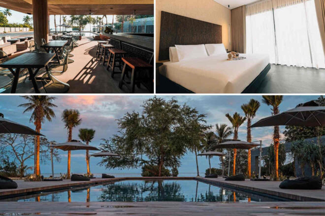 Collage of three images: a restaurant with tables and chairs, a hotel room with a made bed, and an outdoor pool area with parasols and palm trees.