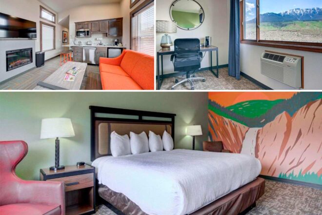 Hotel room with a kitchenette, orange sofa, desk with a mirror, and a bedroom featuring a bed, nightstand, red chair, and mountain-themed mural.