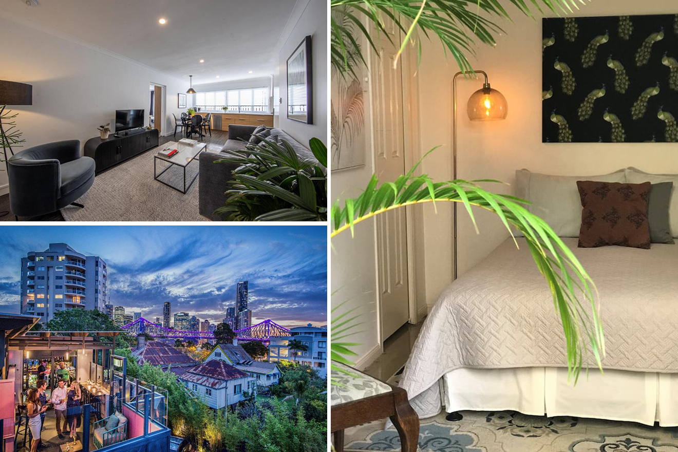 Collage of a modern living room, a cozy bedroom with a plant-themed artwork, and an evening cityscape with colorful lights and buildings.