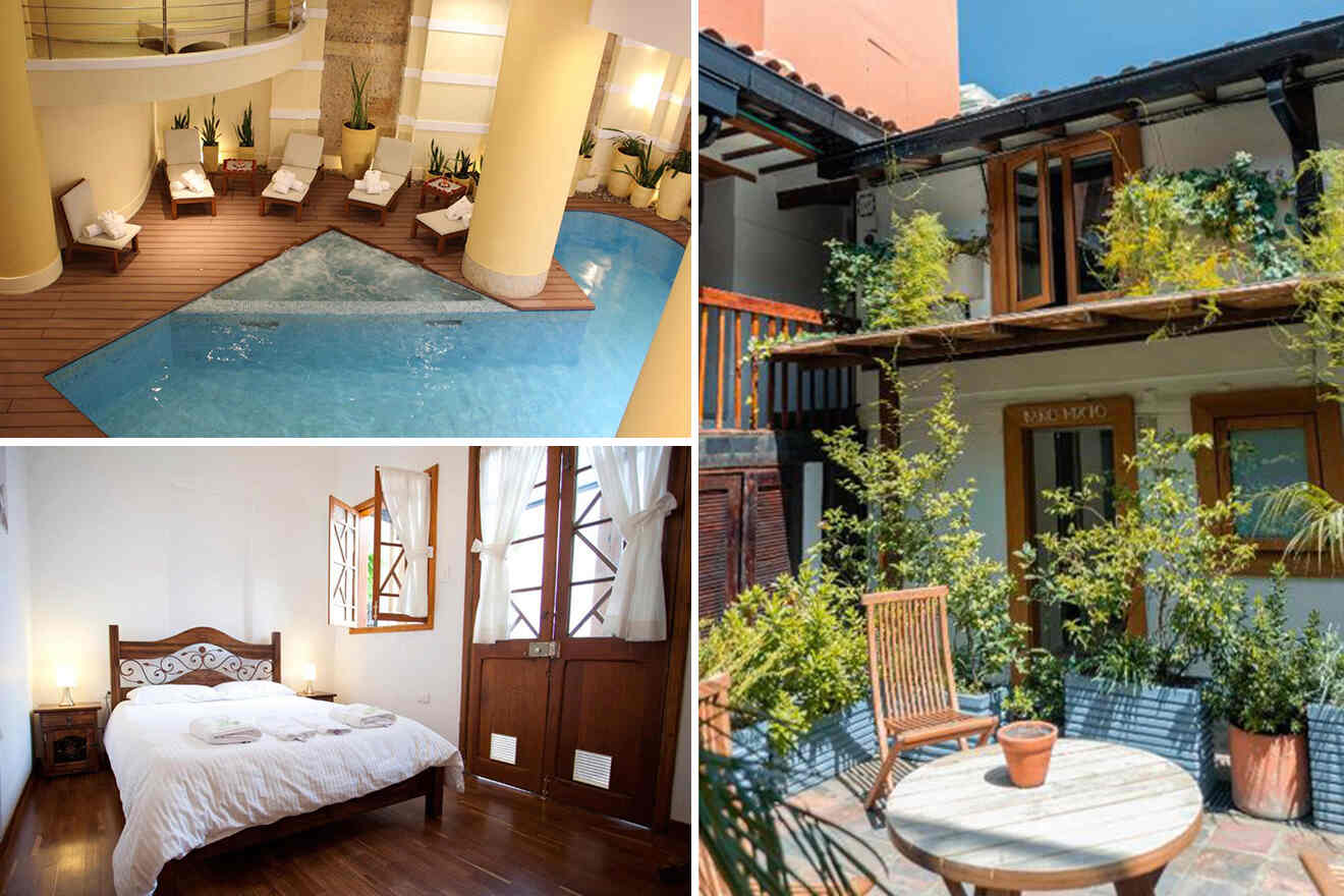 Collage of a spa area with loungers and pool, a cozy bedroom with a double bed, and a charming terrace with wooden chairs and plants.