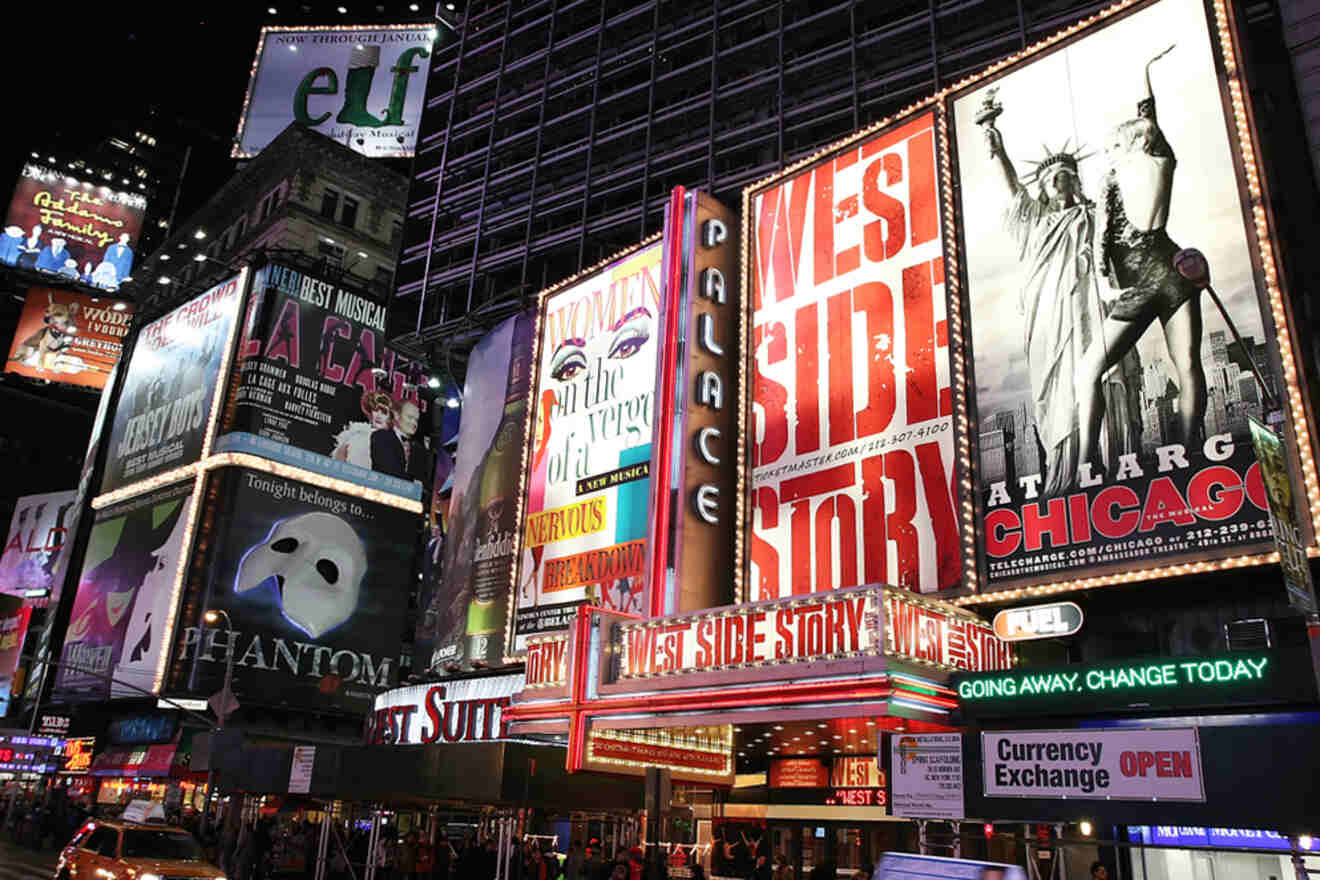 Times Square at night with bright theater marquees for "West Side Story," "Chicago," and others. Illuminated billboards and bustling activity are visible.