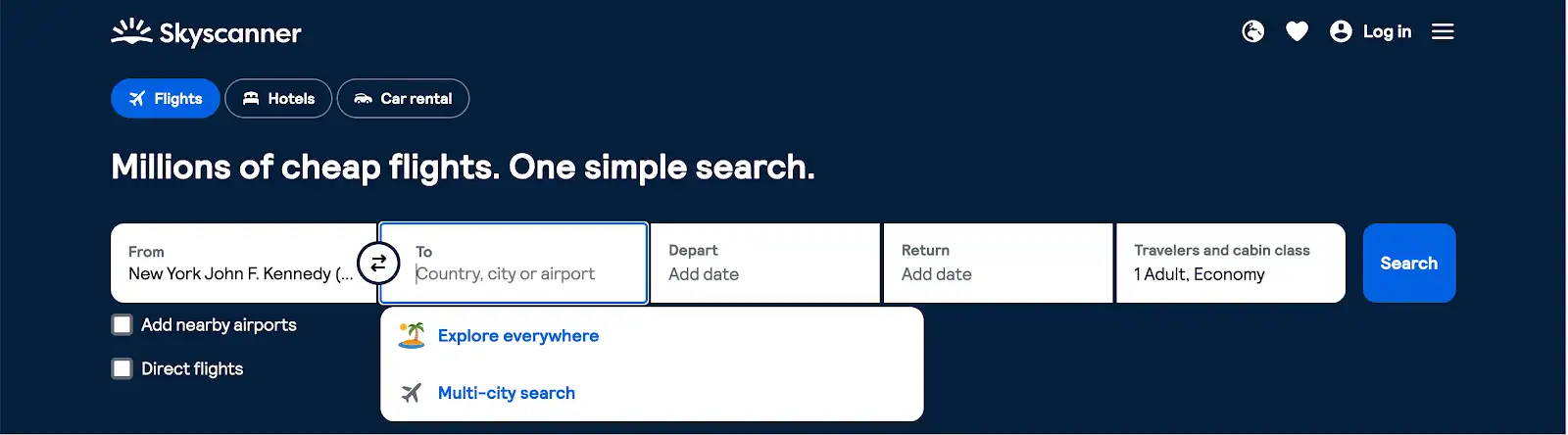 Skyscanner website interface showing flight search fields, including "From," "To," "Depart," "Return," and passenger details, with options for "Explore everywhere" and "Multi-city search.