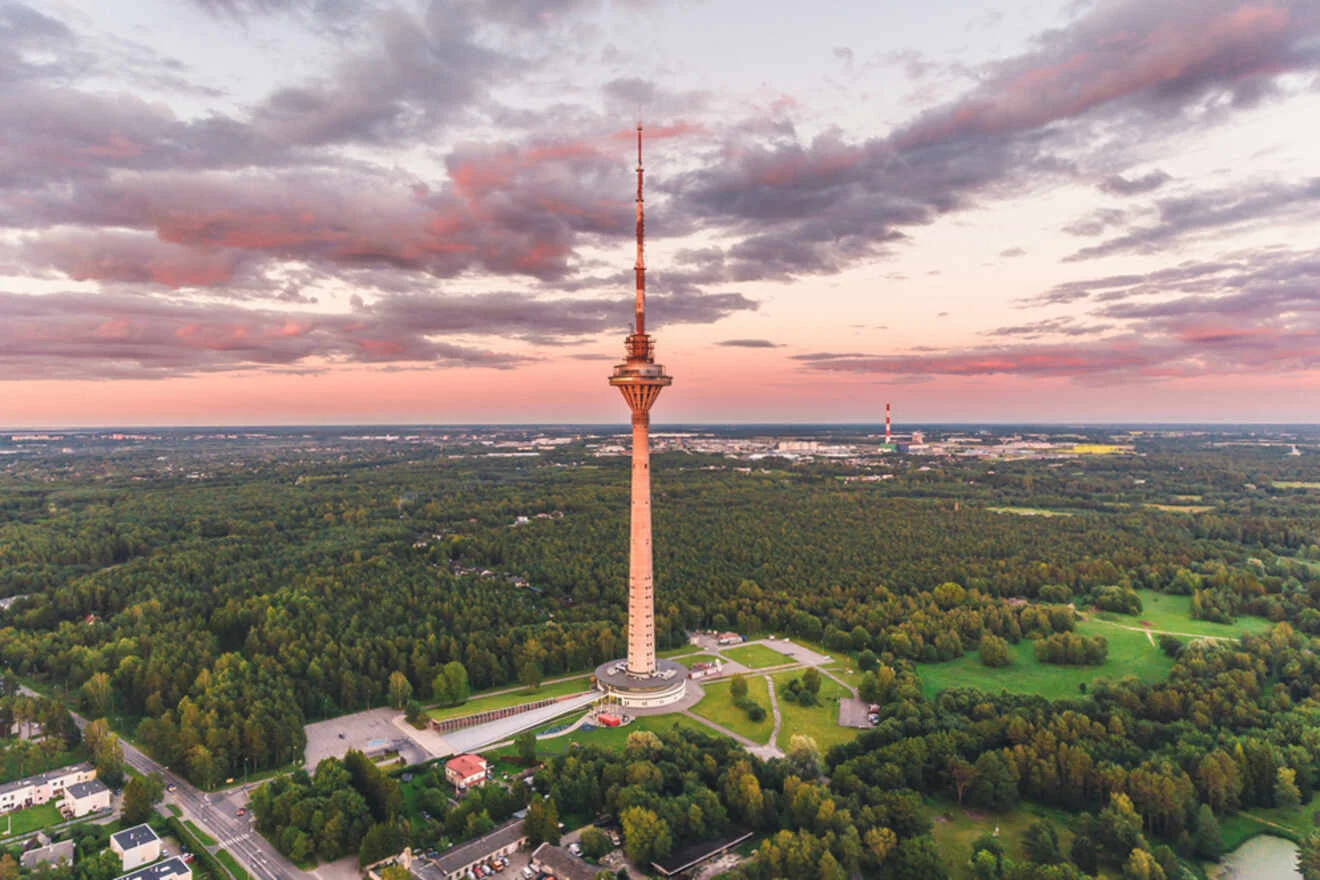 Tall communication tower stands amidst a forested landscape under a cloudy sky at sunset.