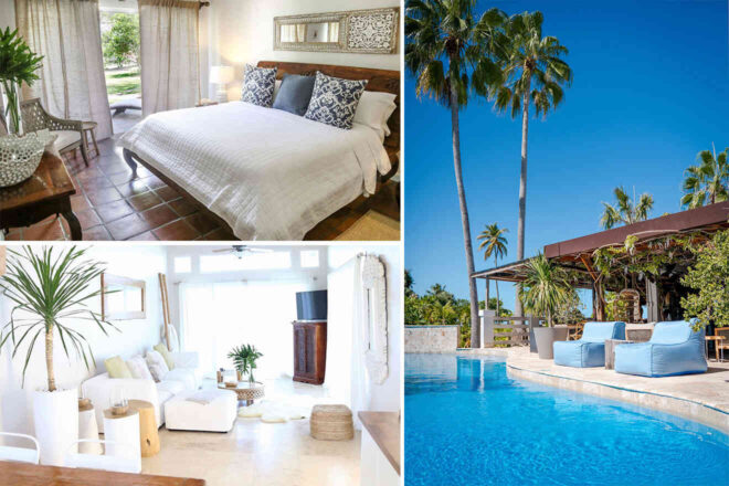 Collage of a bedroom with white bedding, a bright living room with a TV, and an outdoor pool area with lounge chairs under palm trees.