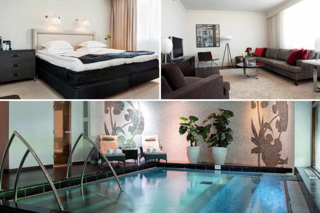 A hotel room with a bed and a living area. Below is a spa with a pool, loungers, and decorative plants.