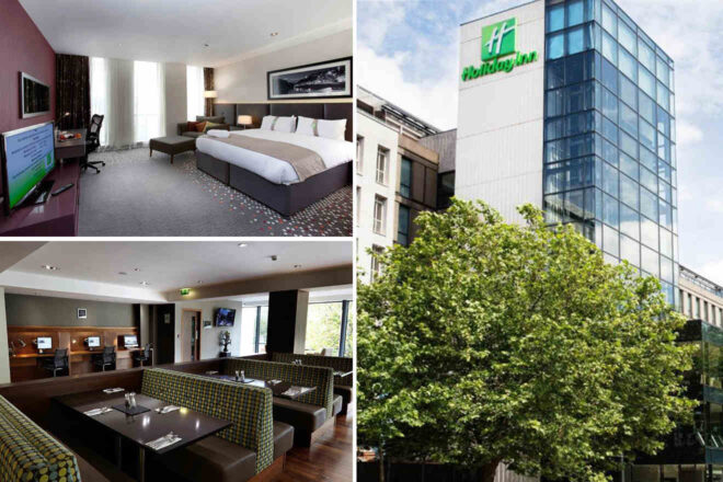 Collage of a hotel room with a large bed, a business center with computers, and an exterior view of a Holiday Inn with glass windows and surrounding trees.