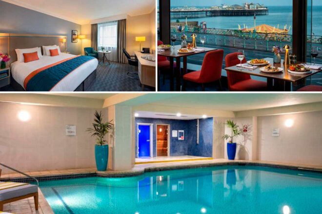 A hotel room with a double bed, a restaurant with a view of a pier, and an indoor swimming pool with lounge chairs.