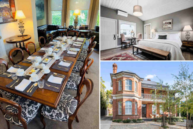 Dining room with set table, a bedroom with a double bed, and an exterior view of a two-story brick house.