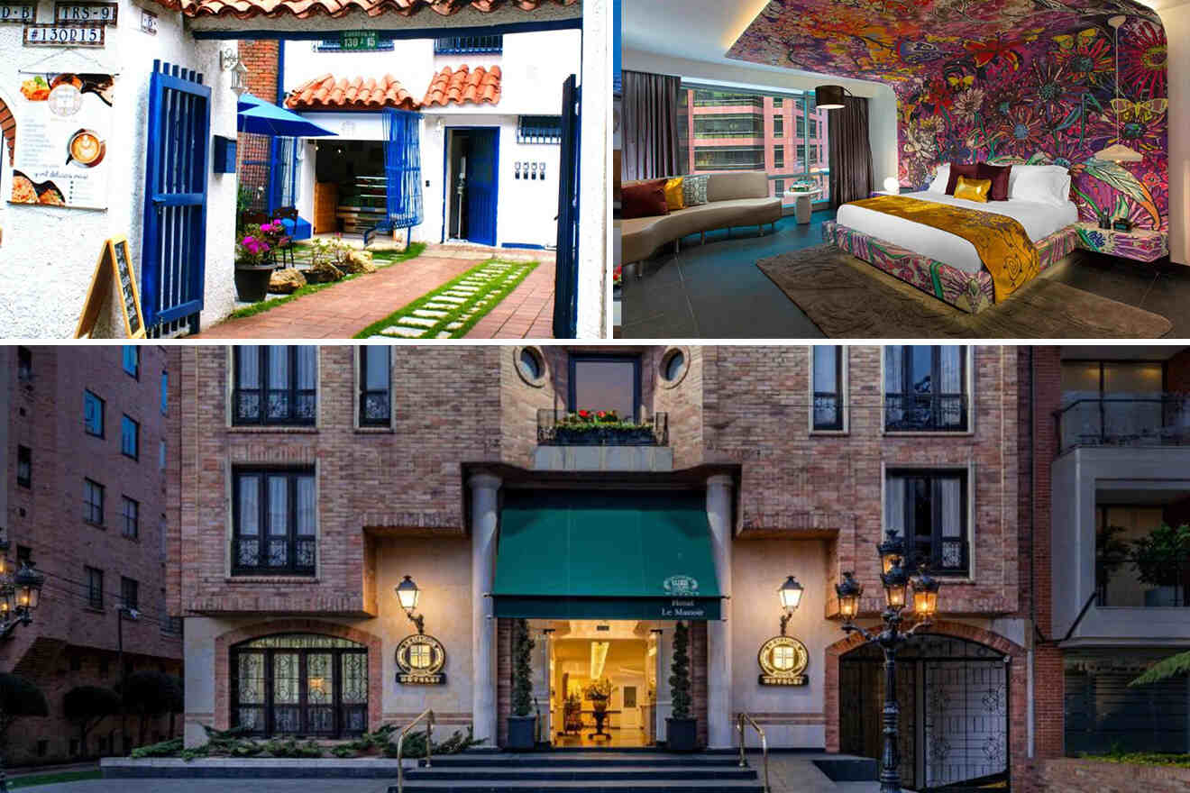 Collage of three images: a rustic restaurant exterior, a hotel room with colorful decor, and a brick hotel entrance with green awning.