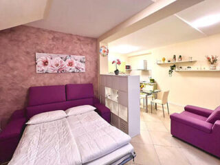 Studio apartment with a purple sofa bed and chair, floral wall art, and dining area. Divider separates the living and kitchen spaces. Decor includes pink floral arrangements and shelves.