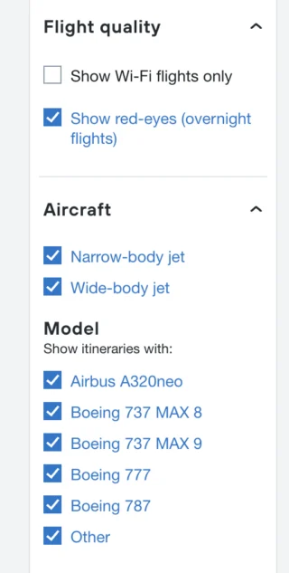 Checkbox options on a flight booking site include flight quality, aircraft type, and model selections such as Airbus A320neo and various Boeing models.