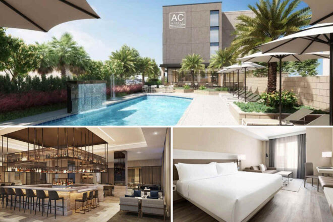 Hotel features an outdoor pool with palm trees, a modern bar area with seating, and a spacious guest room with a large bed and minimal decor.