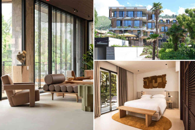 Collage of a modern hotel: lobby with contemporary furniture, exterior view with greenery, and a minimalist bedroom with a large window.