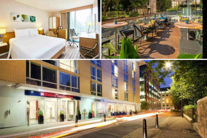 Collage of hotel features: a cozy room with a bed and desk, an outdoor terrace with seating, and the hotel exterior illuminated at night.