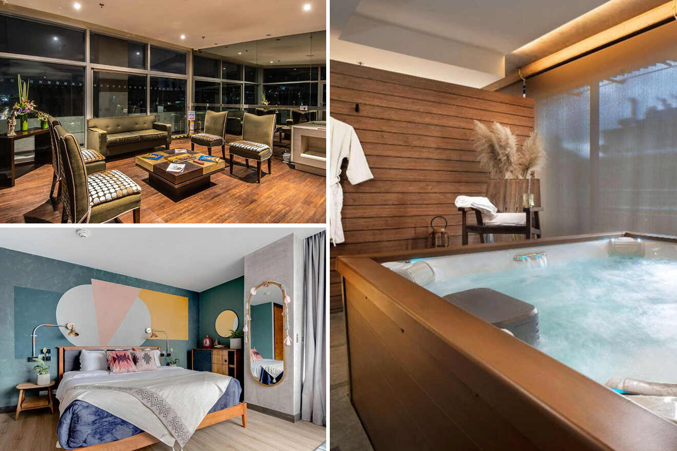 Collage of a modern living room with city view, a colorful bedroom with geometric wall art, and a spa room with a wooden hot tub.