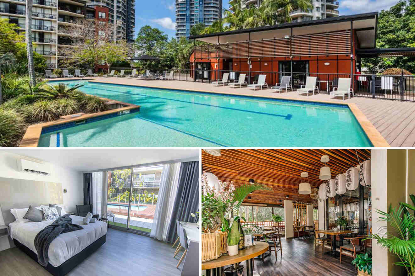 Collage of a hotel with a pool, a modern bedroom, and a restaurant with wooden decor and plants.