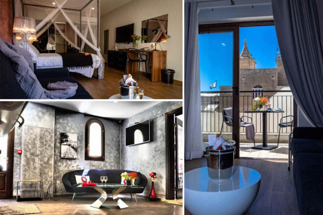 Collage of a modern hotel room with a netted bed, a stylish lounge area, and a balcony set for two with a view of a building's towers.