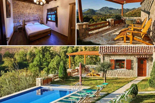 Rustic stone cottage with bedroom, balcony overlooking mountains, and outdoor pool with lounge chairs surrounded by greenery.