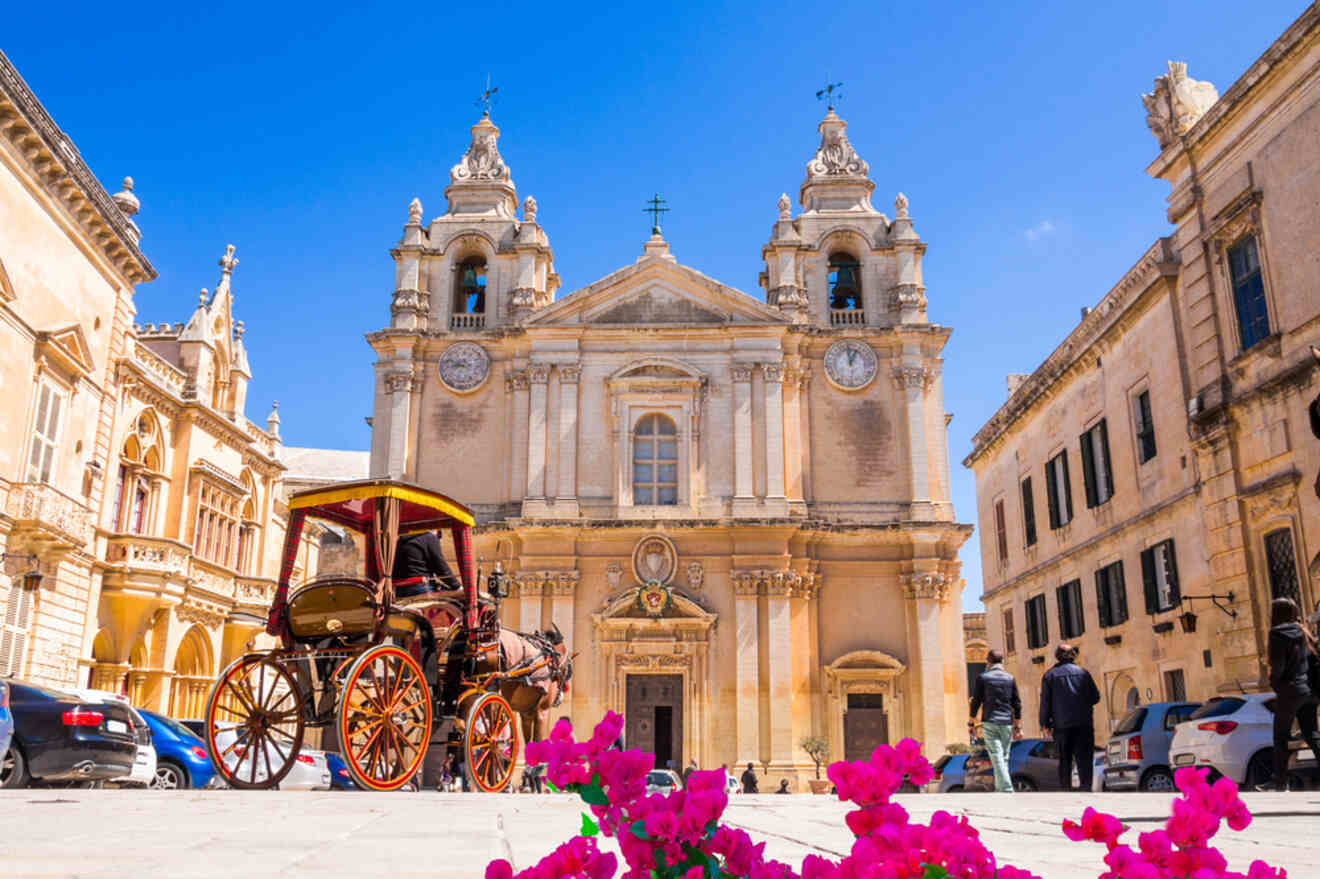 Historic stone church with twin bell towers, a horse-drawn carriage, and bright pink flowers in the foreground under a clear blue sky.