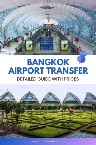 Interior and exterior views of Bangkok airport, featuring a modern terminal and landscaped garden with a guide text overlay.