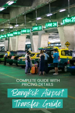 People standing near taxis in an airport parking area under green lane signs. Text overlay reads "Bangkok Airport Transfer Guide.