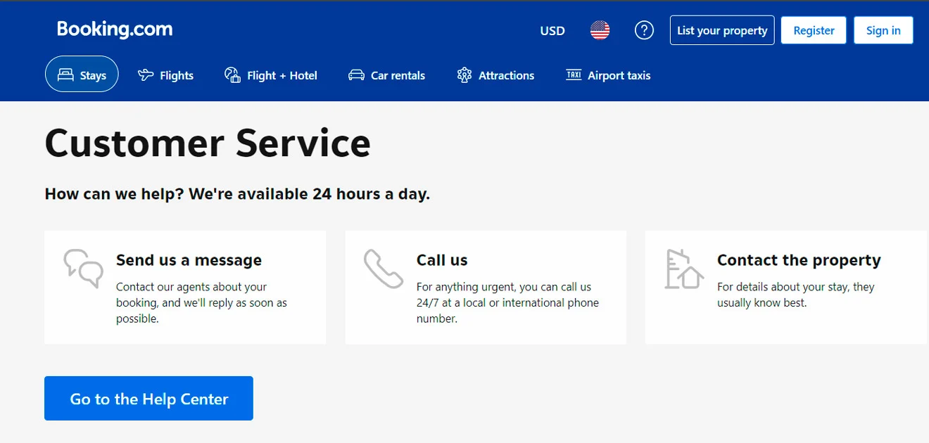 Booking.com Customer Service page offers options to send a message, call, or contact the property, with 24/7 availability.