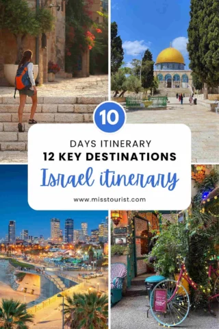 Collage of Israel travel destinations: a city street, a historic site with a dome, a beachside cityscape, and a colorful bicycle in a shop. Text reads "10 Days Itinerary, 12 Key Destinations, Israel Itinerary.