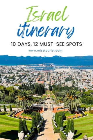 Aerial view of terraced gardens in Haifa, overlooking the city and coastline, with text promoting a 10-day itinerary for Israel.