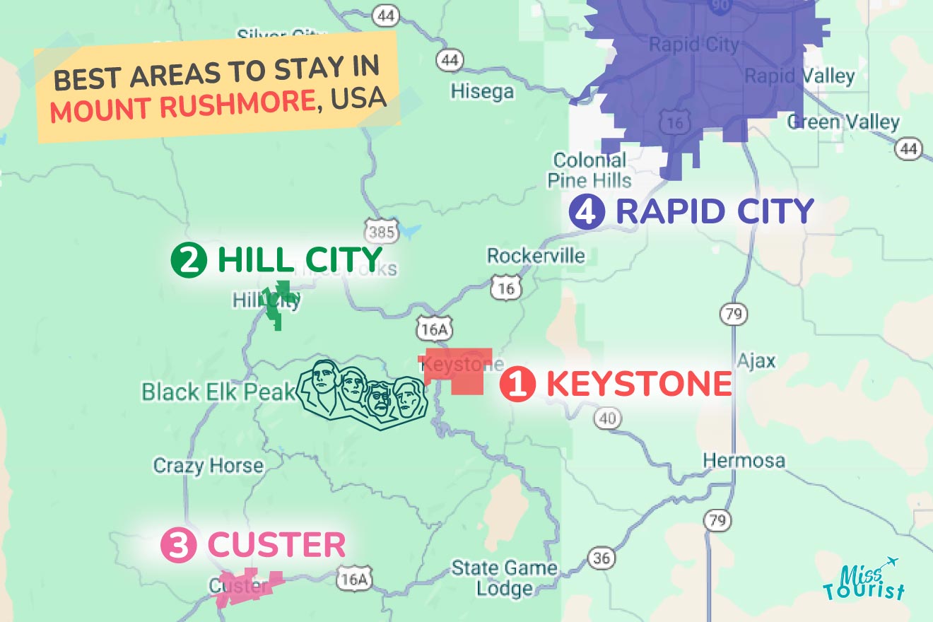 Map highlighting best areas to stay near Mount Rushmore, USA: Keystone (1), Hill City (2), Custer (3), and Rapid City (4).