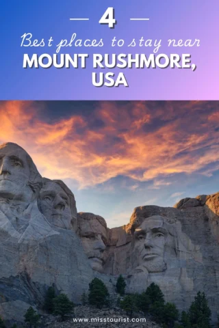 Mount Rushmore under a vibrant sunset sky, with text overlay: "4 Best Places to Stay Near Mount Rushmore, USA.