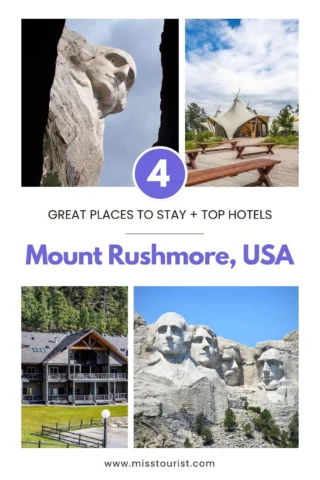 Collage showing Mount Rushmore, a cabin, a tented structure, and scenic views, with text: "4 Great Places to Stay + Top Hotels, Mount Rushmore, USA.