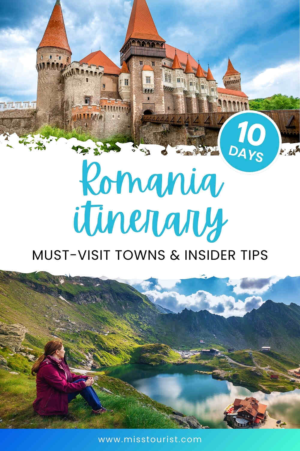 Image of a travel brochure for Romania, featuring a castle, mountains, and a lake. Text reads: 