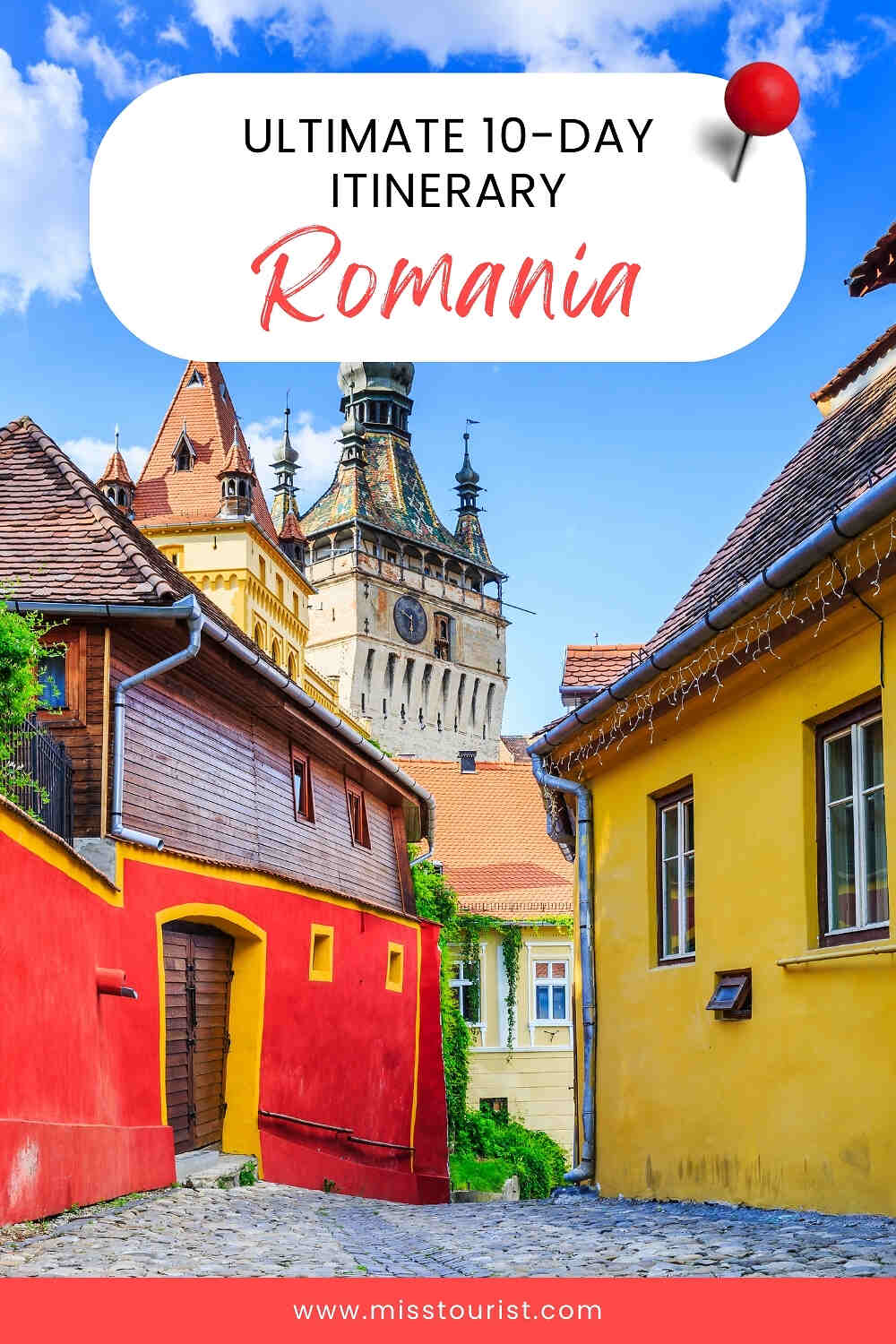 Colorful buildings line a cobblestone street in Romania, with a historic clock tower in the background. Text reads 