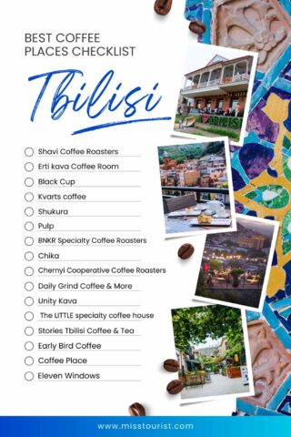 A checklist titled "Coffee Places Checklist Tbilisi" with a list of coffee shops and photos of various Tbilisi scenes. Coffee beans are scattered around the design.