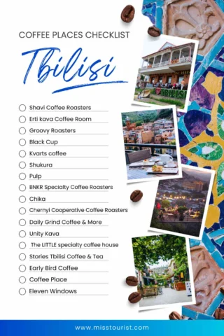 A checklist titled "Coffee Places Checklist Tbilisi" with a list of coffee shops and photos of various Tbilisi scenes. Coffee beans are scattered around the design.