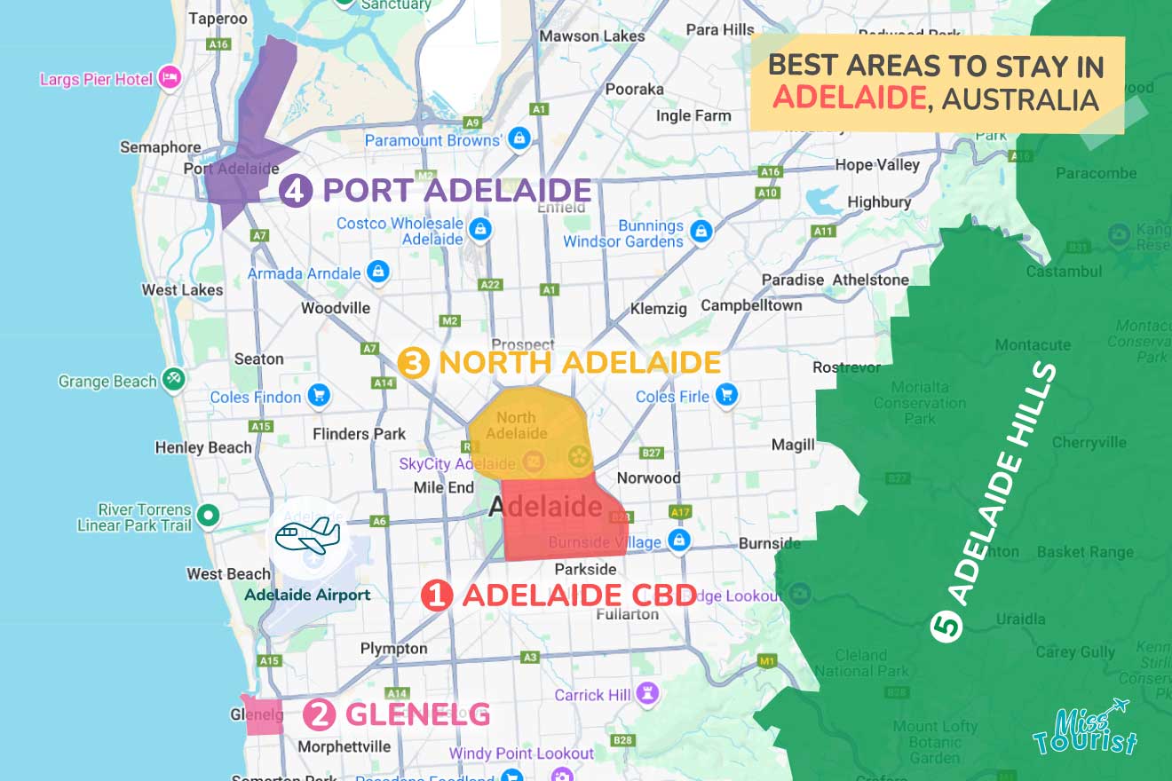 Map of Adelaide, Australia, highlighting best areas to stay: 1) Adelaide CBD, 2) Glenelg, 3) North Adelaide, 4) Port Adelaide, 5) Adelaide Hills.