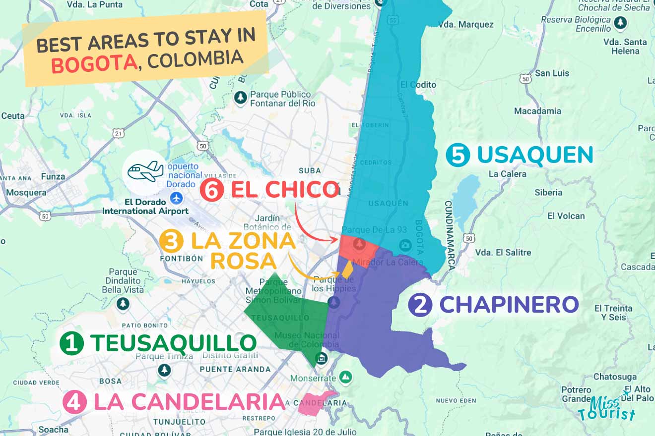 Map of Bogotá, Colombia highlighting six best areas to stay: Teusaquillo, La Candelaria, La Zona Rosa, Chapinero, Usaquén, and El Chico.