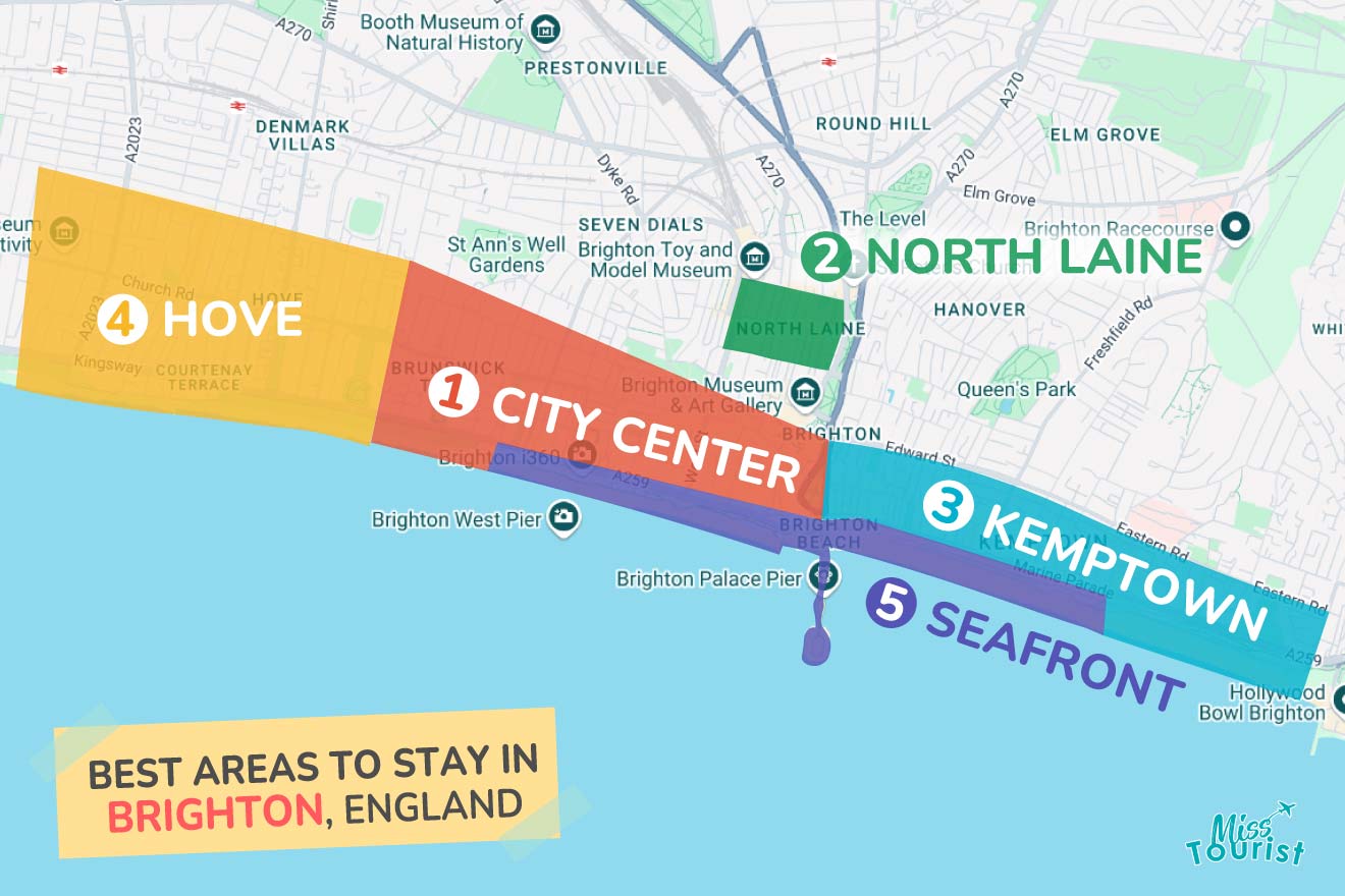 Map of Brighton, England highlighting five areas to stay: 1) City Center, 2) North Laine, 3) Kemptown, 4) Hove, 5) Seafront.