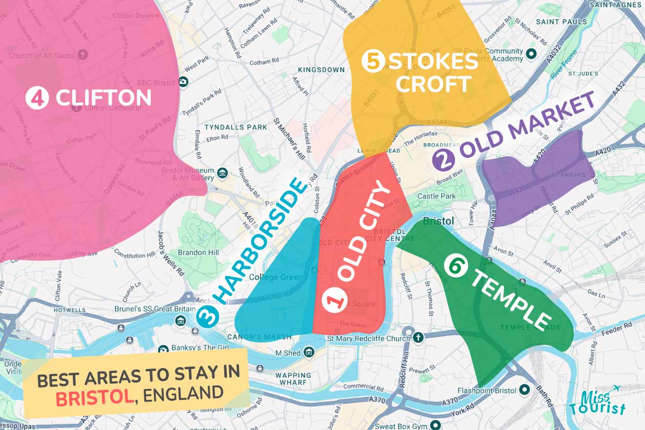 Map highlighting areas in Bristol, England: Old City, Old Market, Temple, Harborside, Clifton, and Stokes Croft, labeled 1 to 5.