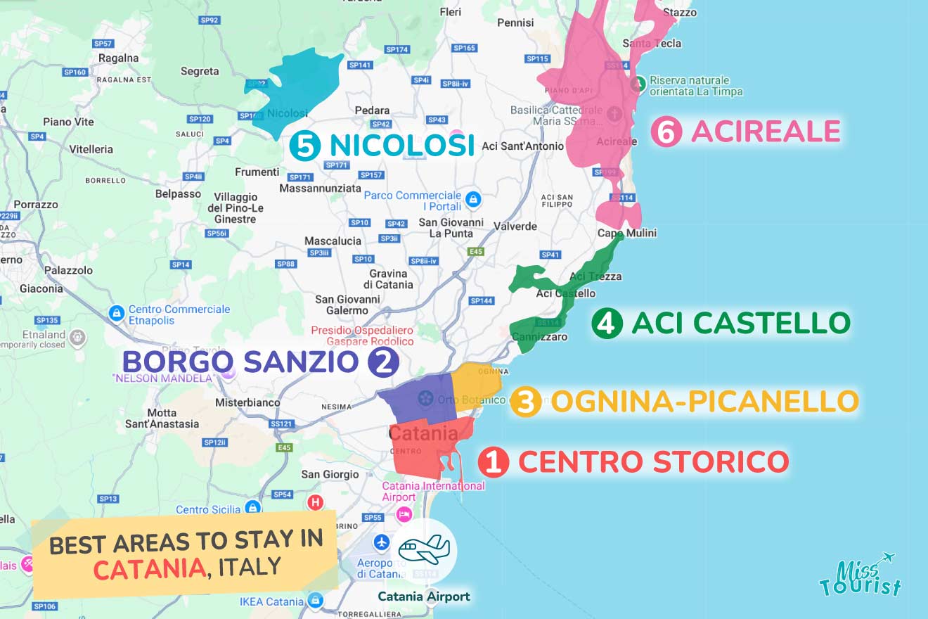 Map highlighting the best areas to stay in Catania, Italy, including Centro Storico, Borgo Sanzio, Ognina-Picanello, Aci Castello, Nicolosi, and Acireale.