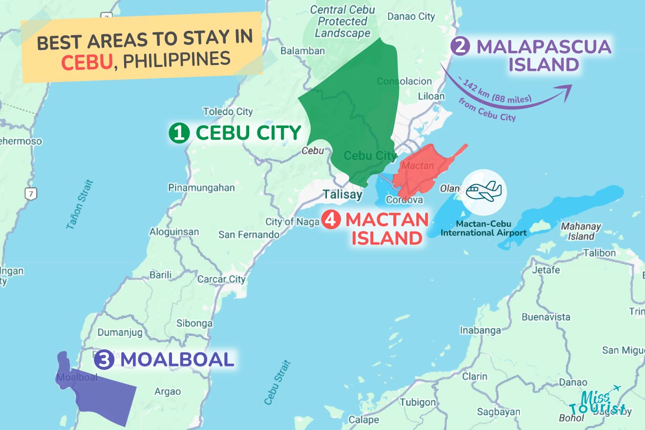 Map highlighting the best areas to stay in Cebu, Philippines: Cebu City, Malapascua Island, Moalboal, and Mactan Island. Includes distance from Cebu City to Malapascua Island (136 km/84 miles).