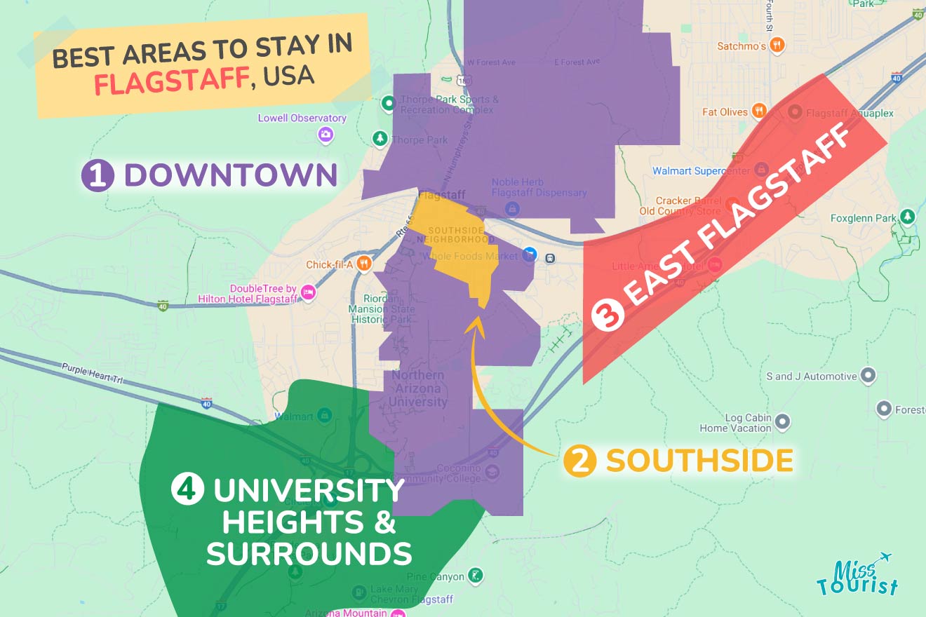 Map highlighting four areas in Flagstaff, USA: Downtown, East Flagstaff, Southside, and University Heights & Surrounds with color-coded sections.