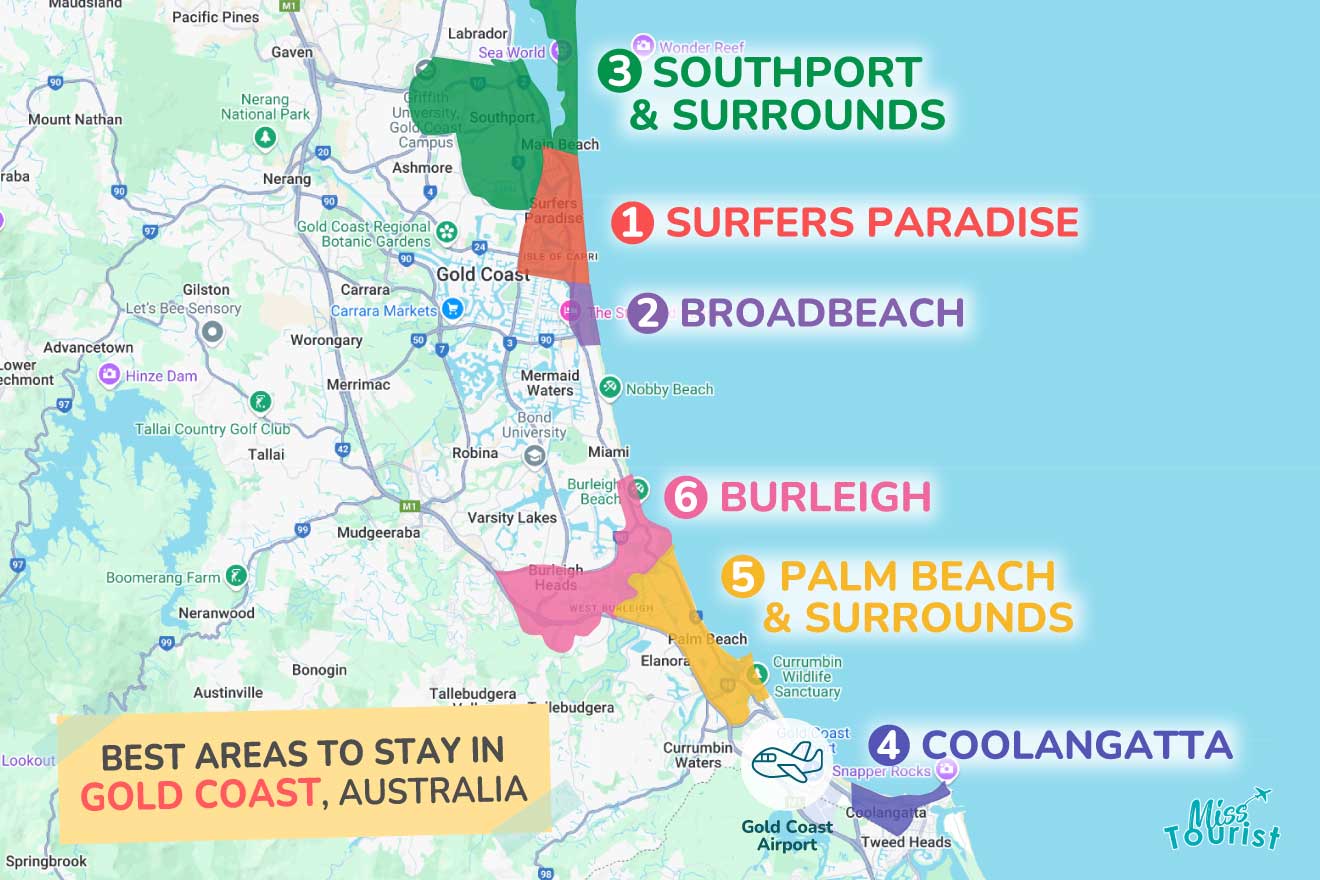 Map showing the best areas to stay in Gold Coast, Australia: 1) Surfers Paradise, 2) Broadbeach, 3) Southport & Surrounds, 4) Coolangatta, 5) Palm Beach & Surrounds, 6) Burleigh.