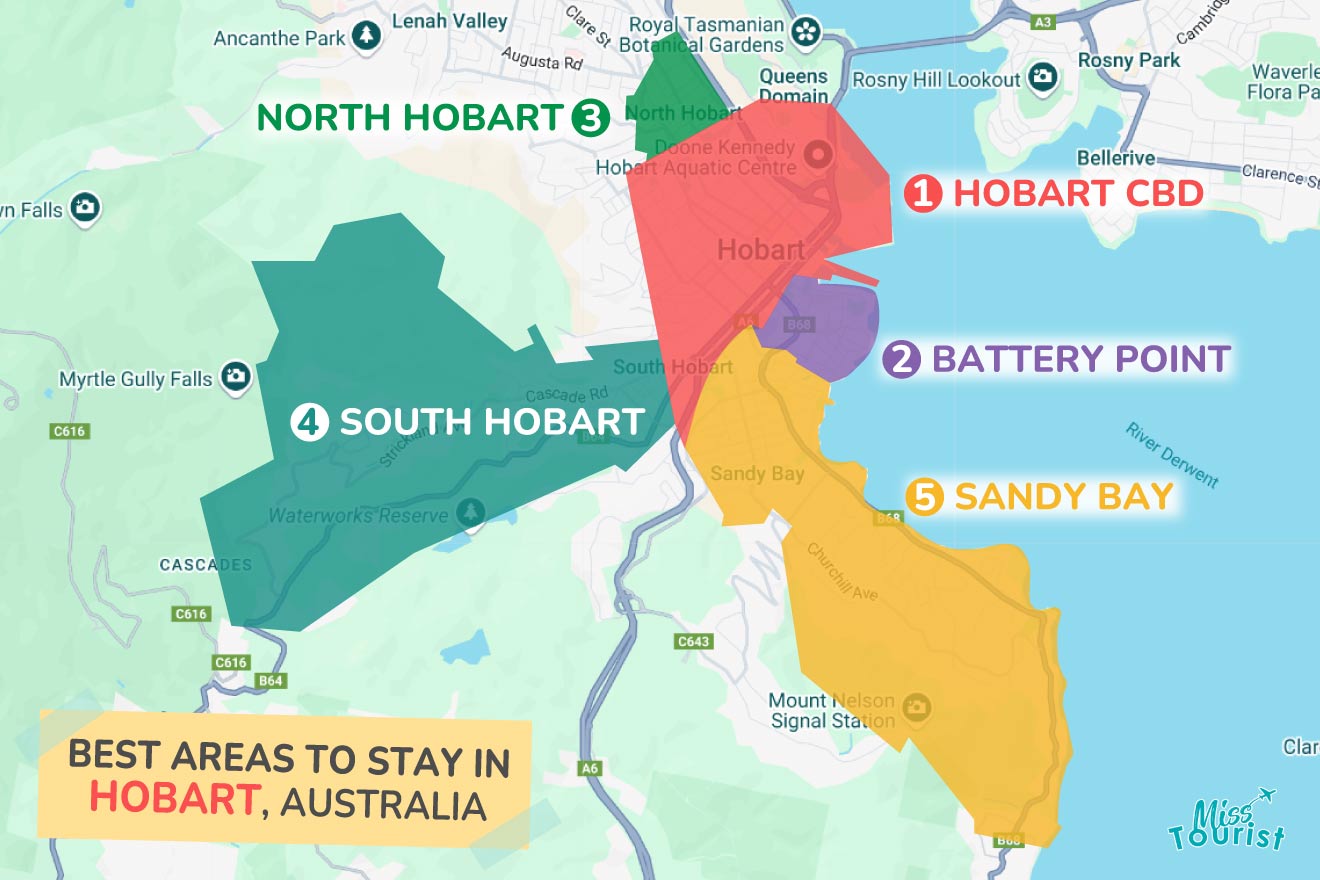 Map highlighting areas to stay in Hobart, Australia, including Hobart CBD, Battery Point, Sandy Bay, North Hobart, and South Hobart, with nearby landmarks and roads.