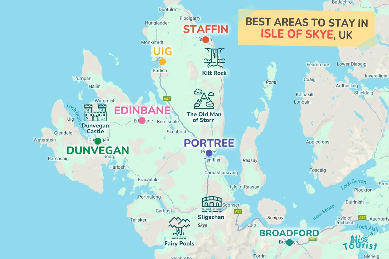 Map of Isle of Skye, UK highlighting areas: Staffin, Uig, Edinbane, Portree, Dunvegan, and Broadford with landmarks like Fairy Pools and The Old Man of Storr.