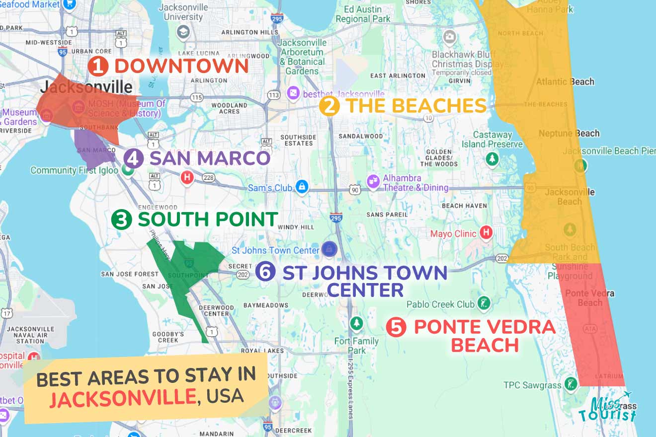 Map highlighting best areas to stay in Jacksonville, USA, with numbered regions: Downtown, The Beaches, South Point, San Marco, Ponte Vedra Beach, and St Johns Town Center.