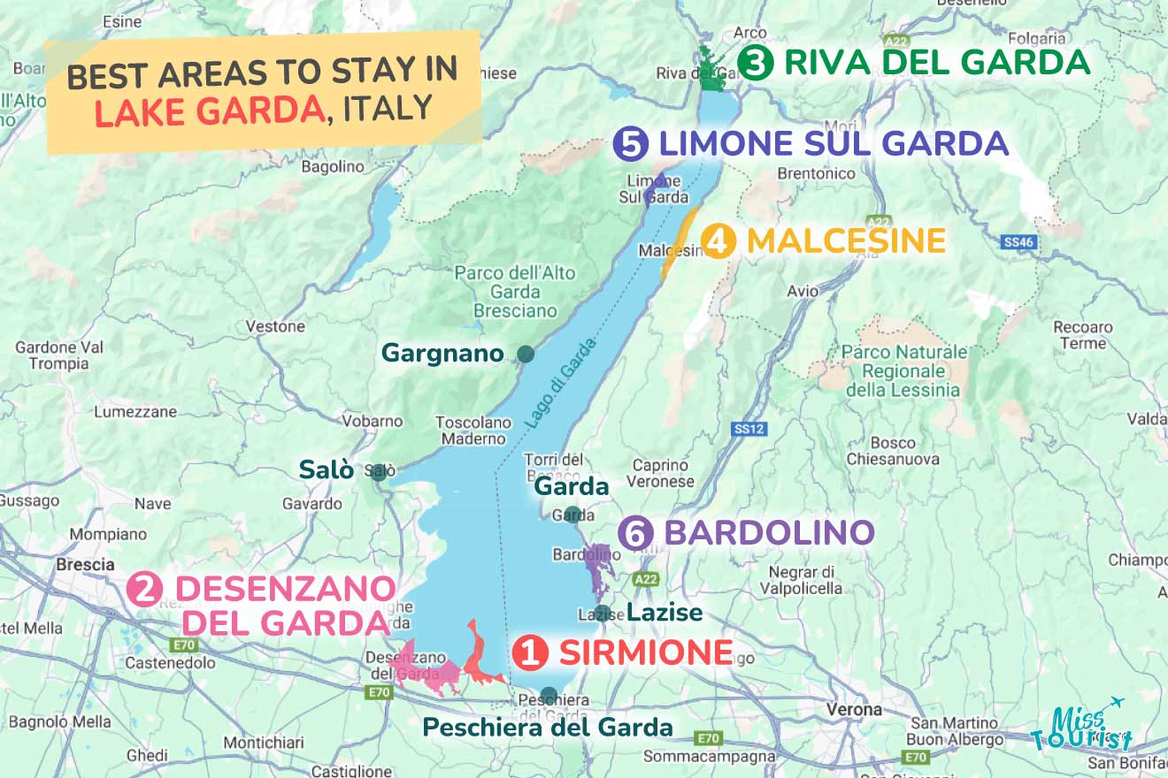 Map highlighting the best areas to stay in Lake Garda, Italy, including Riva del Garda, Limone sul Garda, Malcesine, Desenzano del Garda, Sirmione, Lazise, and Bardolino.